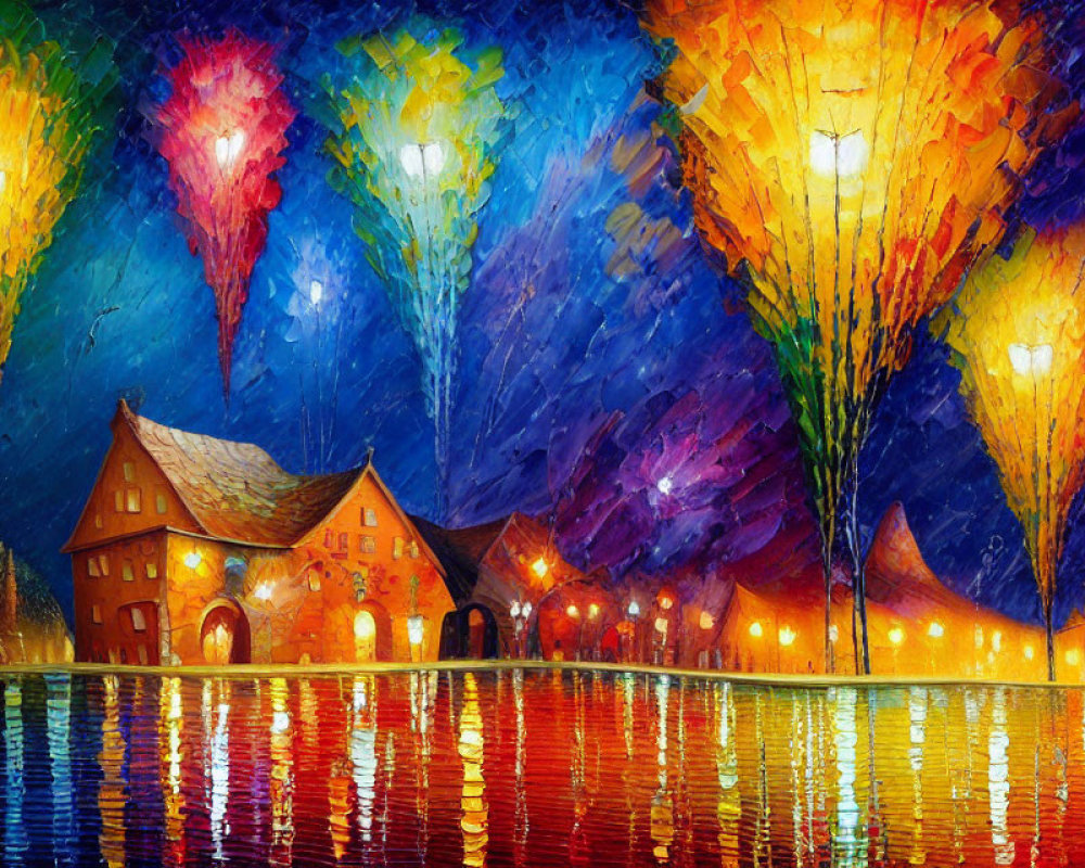 Vibrant impressionistic night cityscape painting with illuminated buildings and light bursts over water.