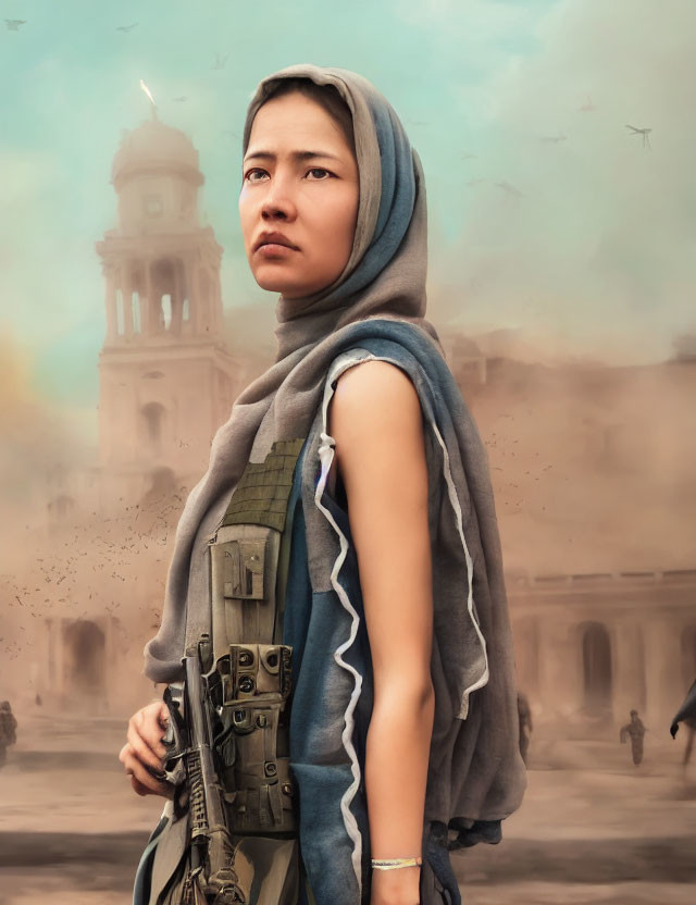 Determined woman in headscarf and tactical gear in war-torn setting