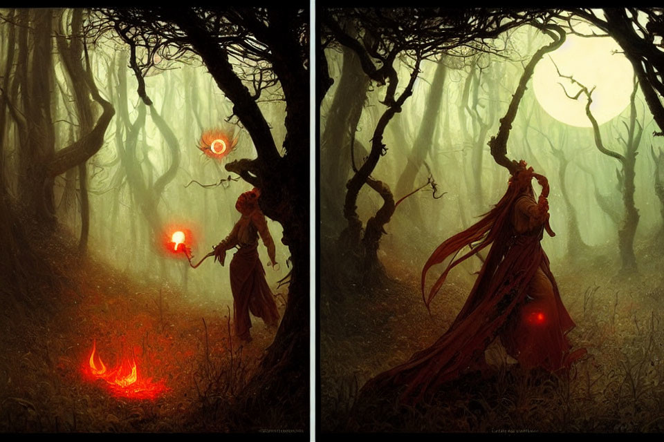 Mystical figure in red cloak conjures fiery orbs in dark forest