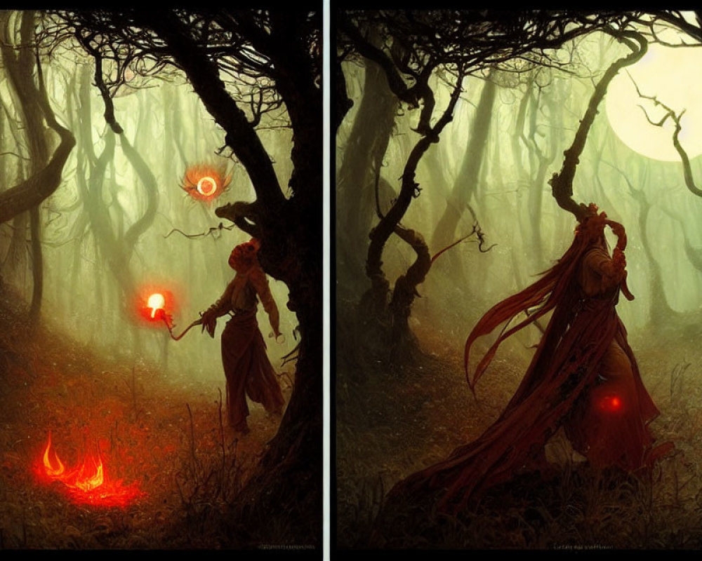 Mystical figure in red cloak conjures fiery orbs in dark forest