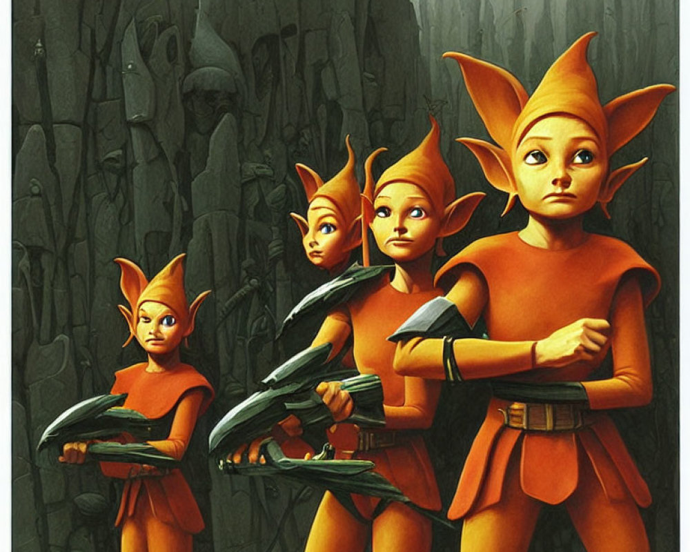 Four animated elves in orange attire standing among dark pillars