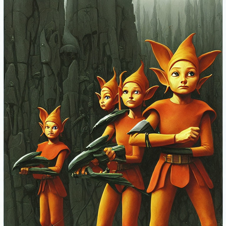 Four animated elves in orange attire standing among dark pillars