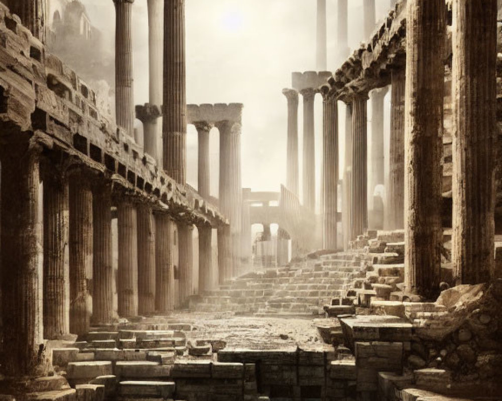 Towering columns in ancient ruins beside a submerged floor under hazy sky