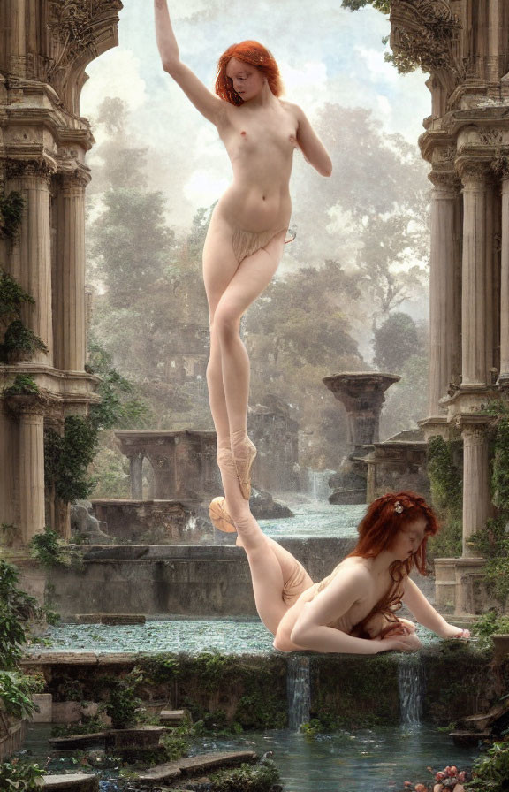 Redhead woman in surreal ballet pose underwater and above ancient ruins