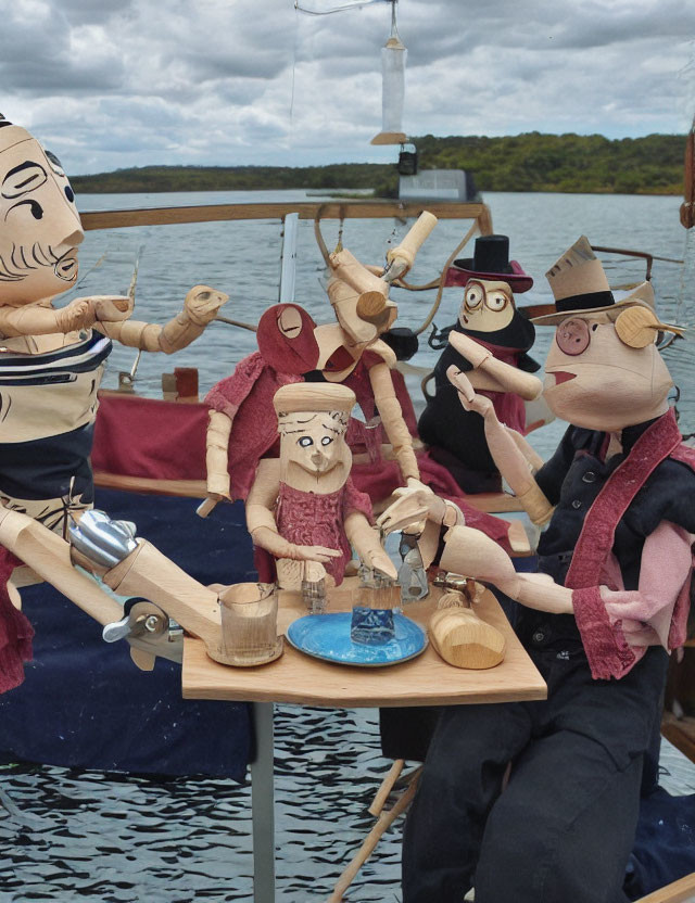 Wooden puppet characters in different outfits on boat with serene water and cloudy sky