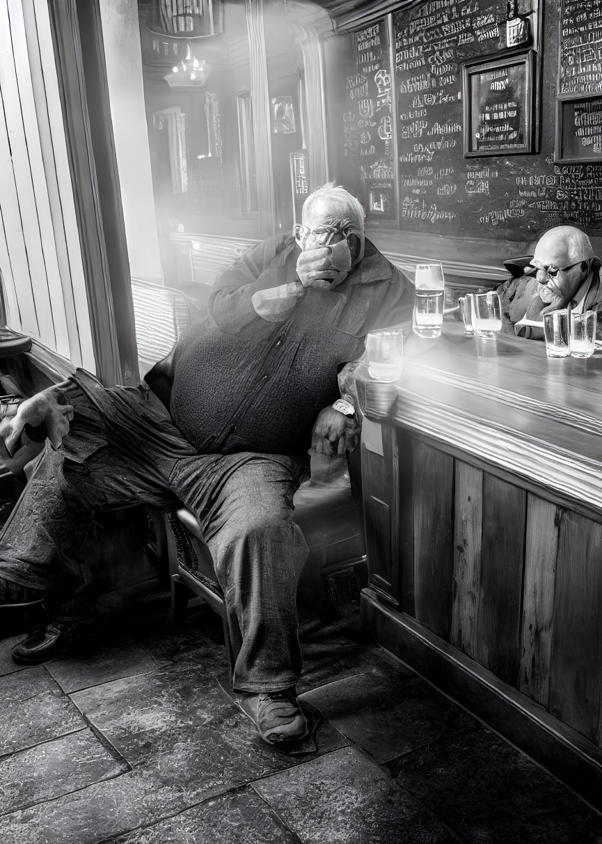 Man sitting at bar with empty glasses and menu board in background