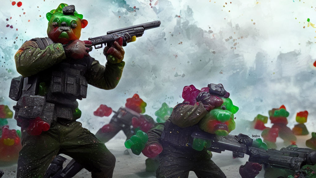 Anthropomorphic gummy bears in combat gear with colorful gummy explosion