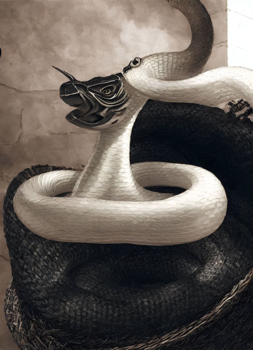 Monochromatic stylized serpent with rose head and sharp thorns, textured scales.