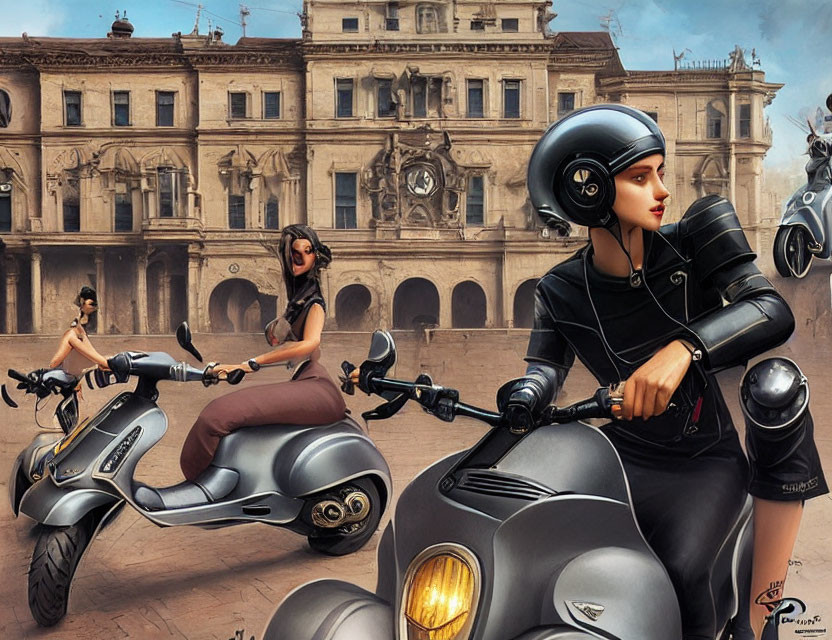 Stylized illustration of two women on scooters in front of classic European building