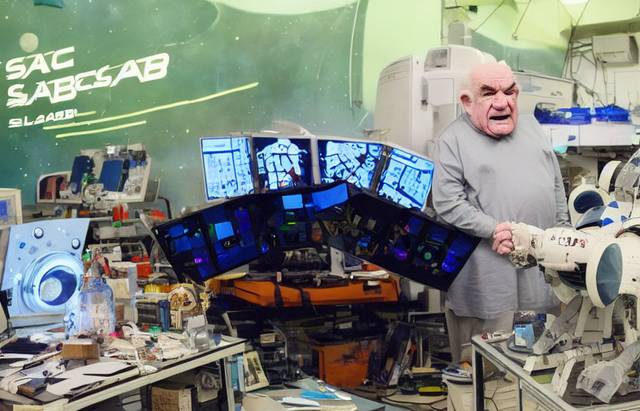 Elderly Man in Space-Themed Workshop with Robots and Spacecraft Models