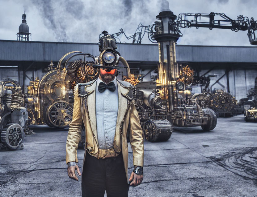 Steampunk Attire with Top Hat, Goggles, and Mechanical Background