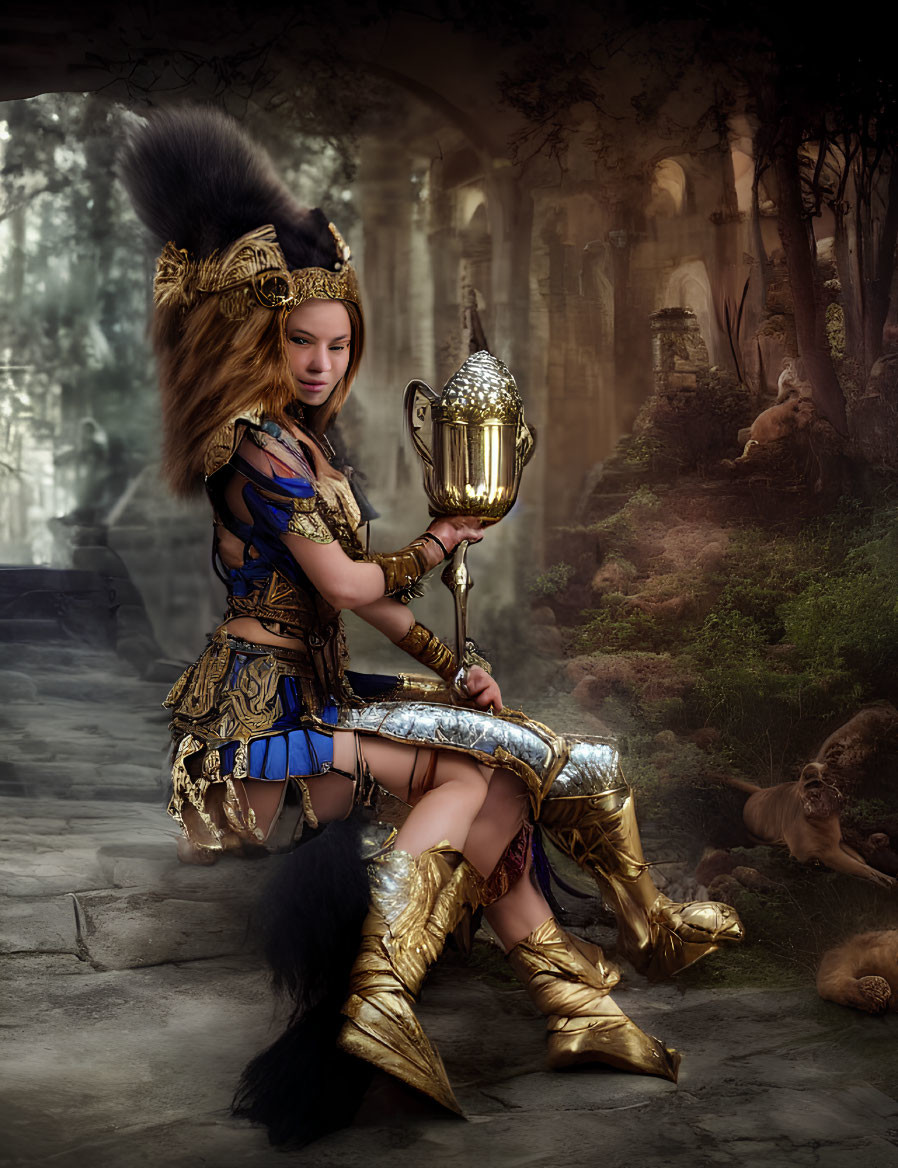 Medieval fantasy armor woman with trophy in mystical forest with lions.