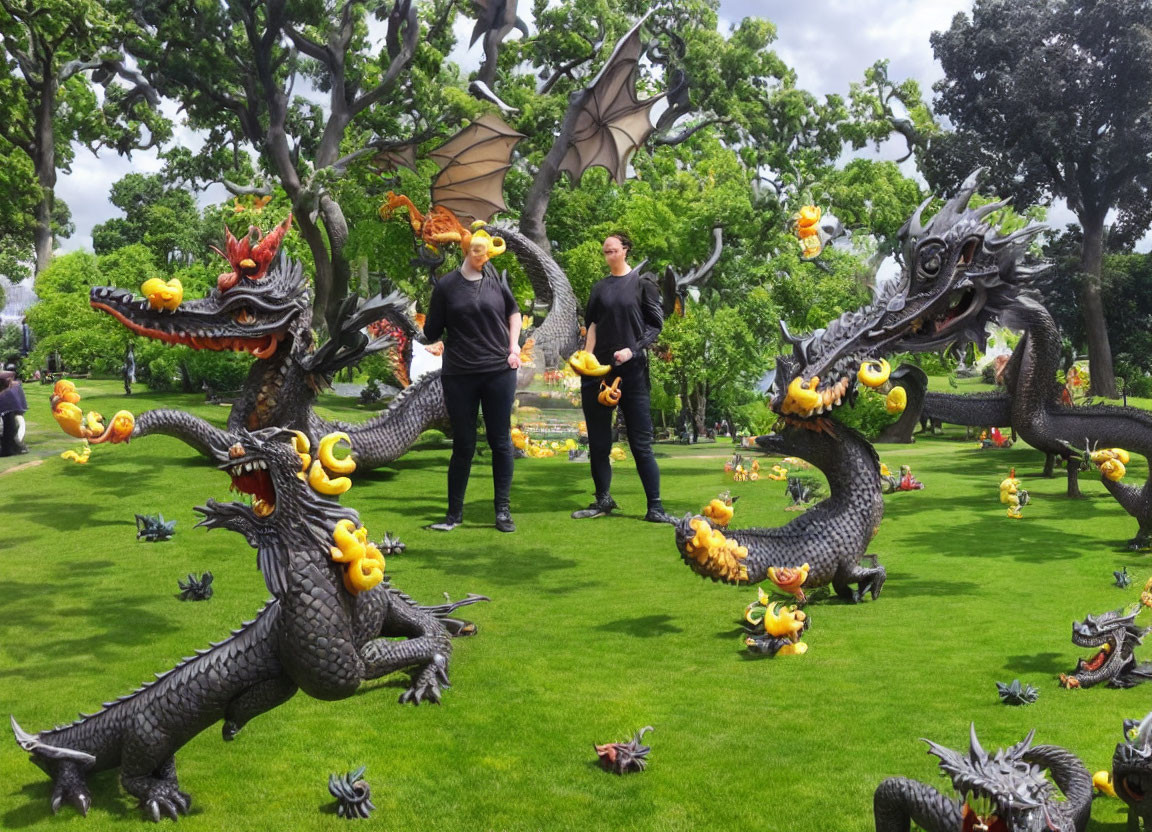 Pair practicing martial arts with sculpted dragons in green park