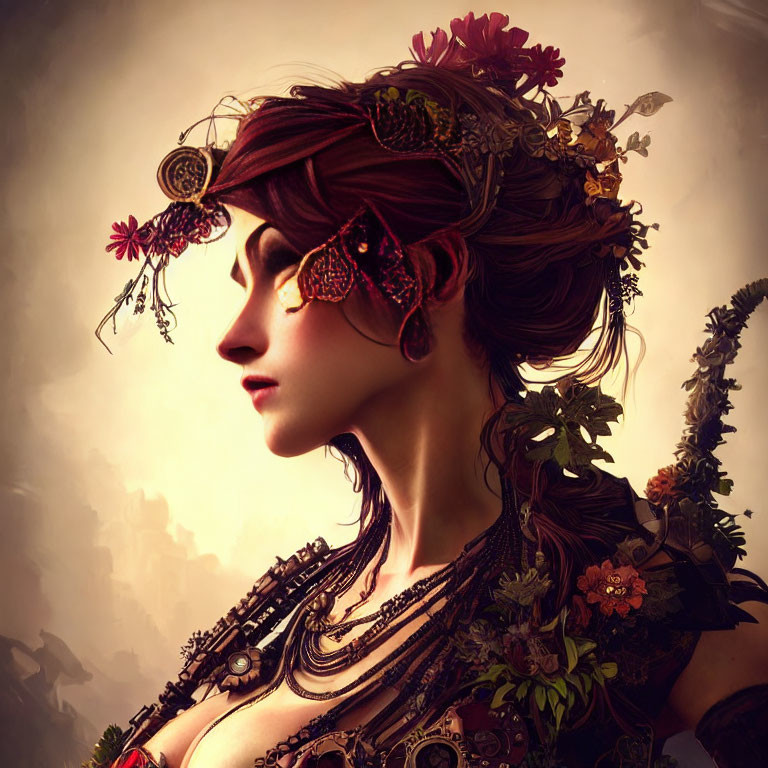 Digital artwork: Woman with red hair, adorned with flowers and butterflies, intricate jewelry, floral motif attire