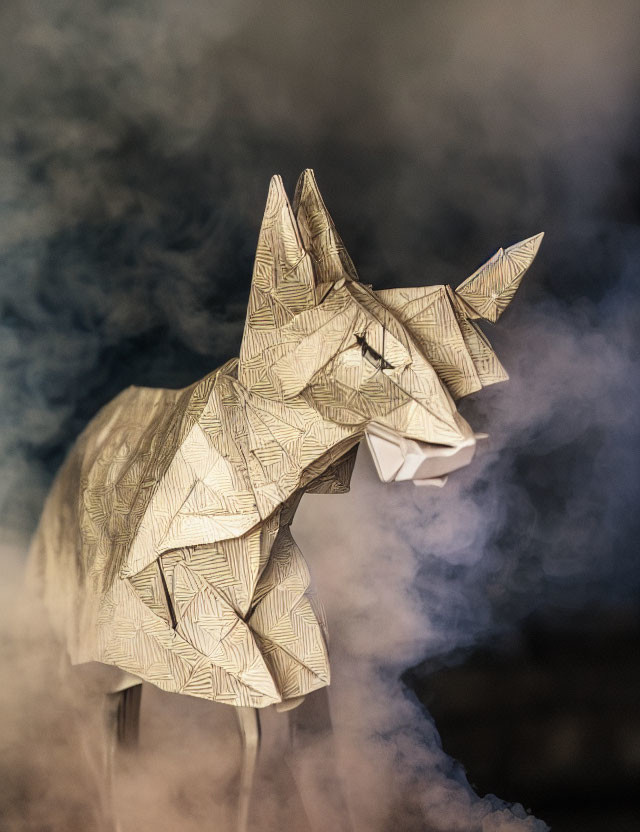 Intricate Origami Unicorn on Patterned Paper in Misty Setting