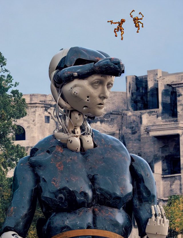 Futuristic robot statue with human features in urban setting