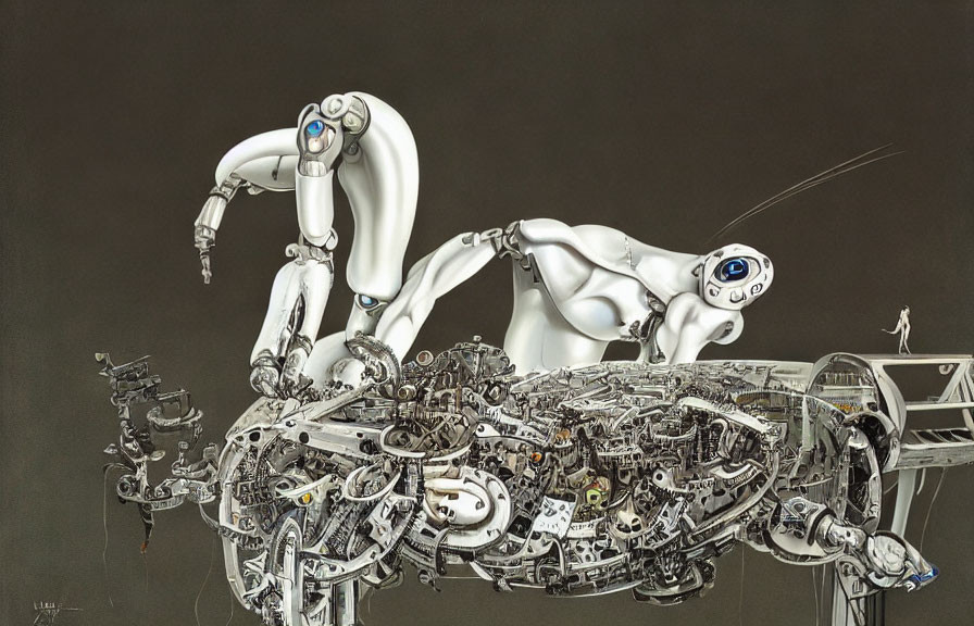 Detailed depiction of two humanoid robots with intricate mechanical features