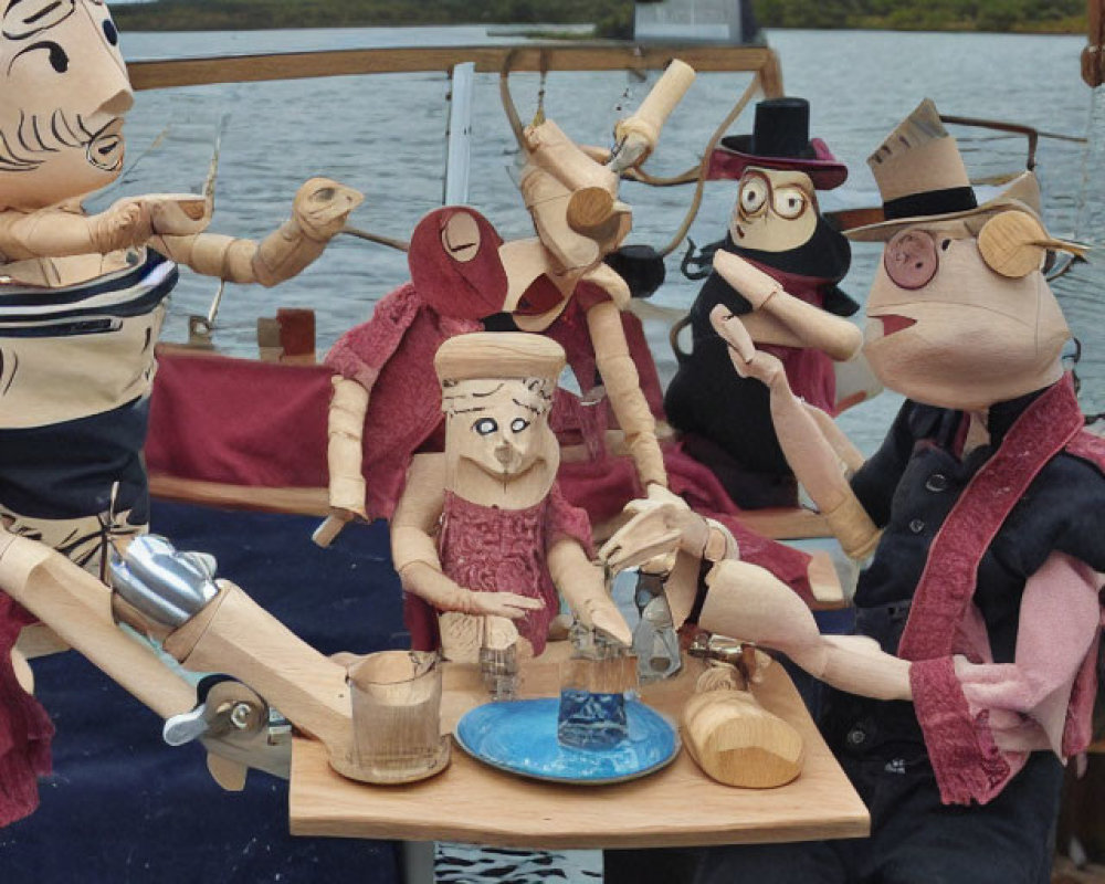 Wooden puppet characters in different outfits on boat with serene water and cloudy sky