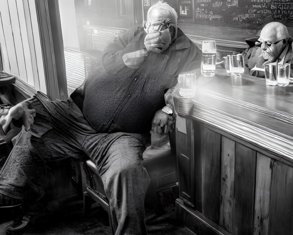 Man sitting at bar with empty glasses and menu board in background