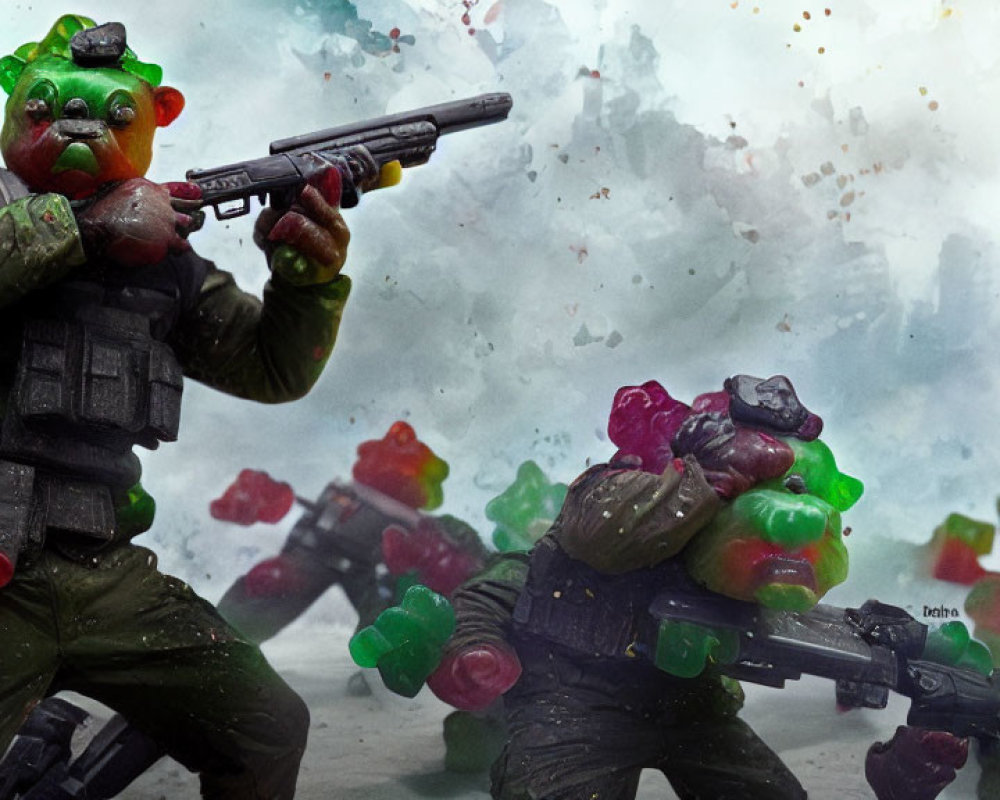 Anthropomorphic gummy bears in combat gear with colorful gummy explosion