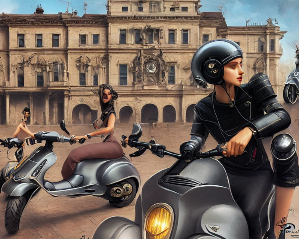 Stylized illustration of two women on scooters in front of classic European building