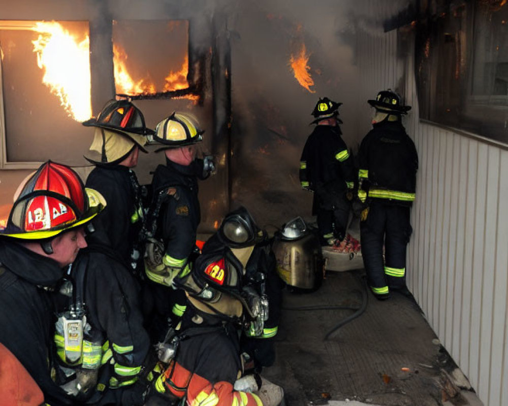 Firefighters in protective gear approach blazing fire in structure.