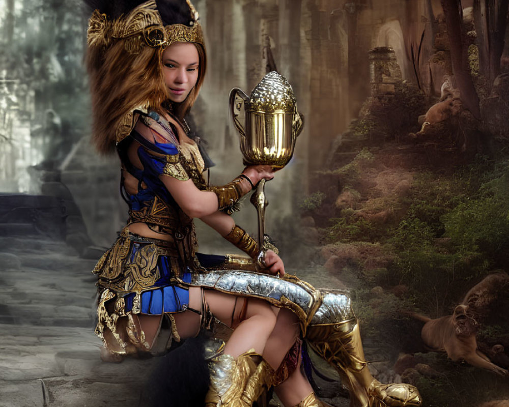 Medieval fantasy armor woman with trophy in mystical forest with lions.