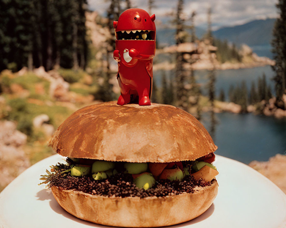 Toy Dinosaur on Veggie Sandwich Plate with Lake and Forest Background