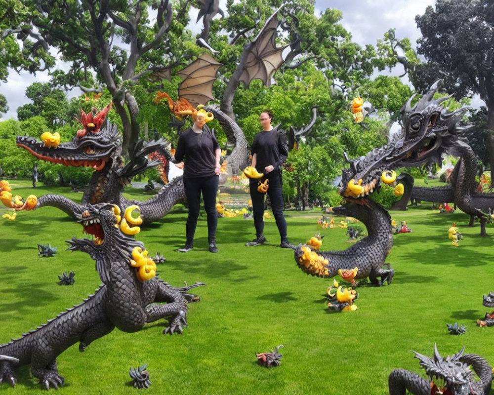 Pair practicing martial arts with sculpted dragons in green park