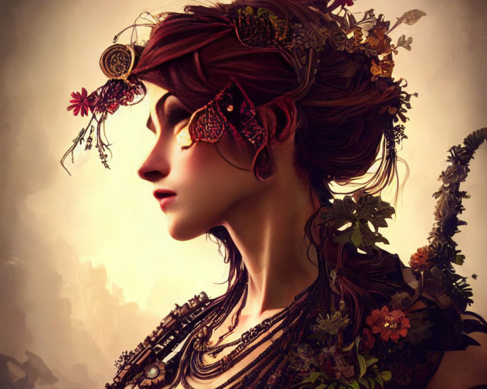 Digital artwork: Woman with red hair, adorned with flowers and butterflies, intricate jewelry, floral motif attire