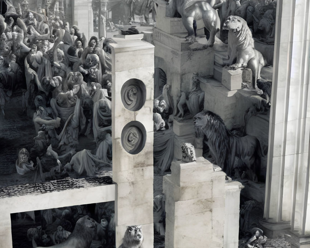 Surreal monochrome art: classical statues and lions in ancient setting