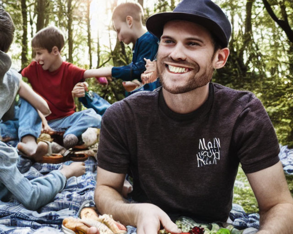 Man in hat smiles at picnic in sunny forest with sandwich and salad.