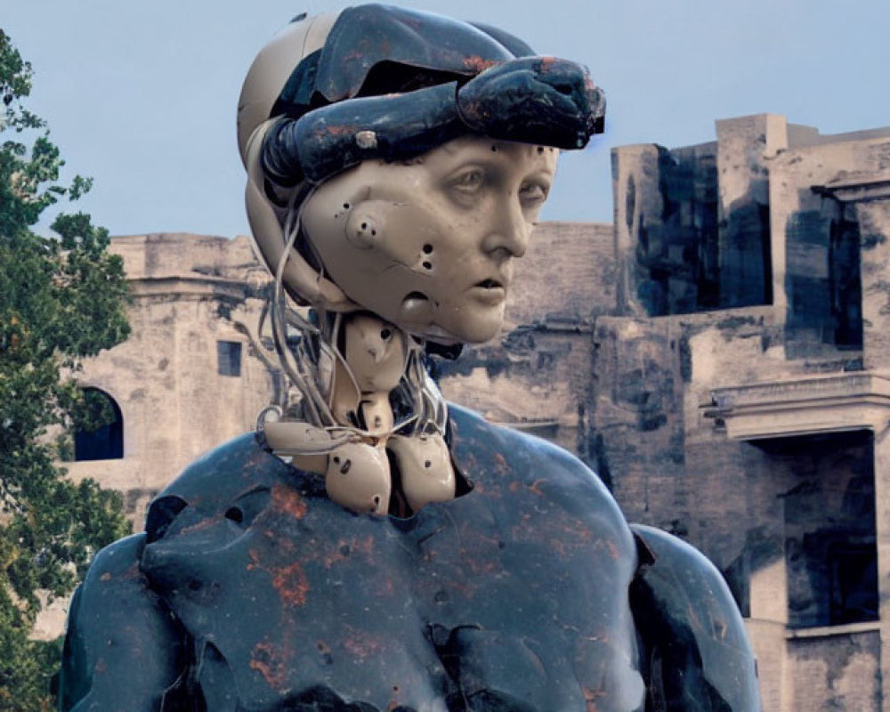 Futuristic robot statue with human features in urban setting