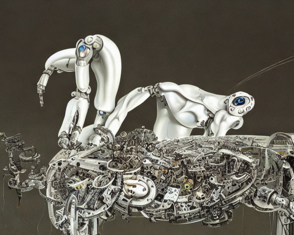 Detailed depiction of two humanoid robots with intricate mechanical features