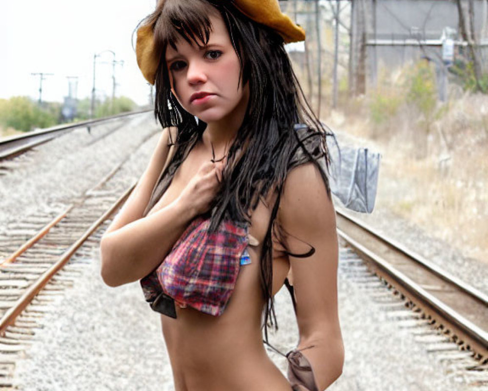 Young woman in beret on railway tracks in tartan crop top