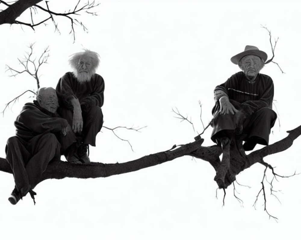 Elderly Individuals Sitting on Tree Branch Against White Background