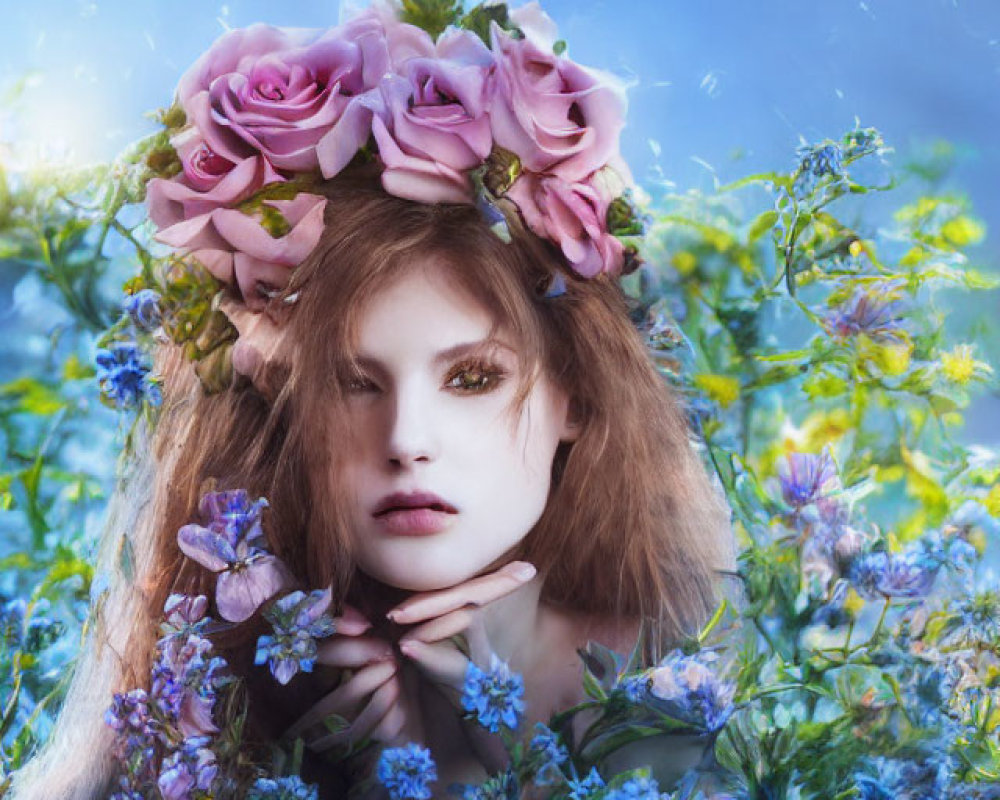 Woman with Pink Rose Crown Surrounded by Blue Flowers