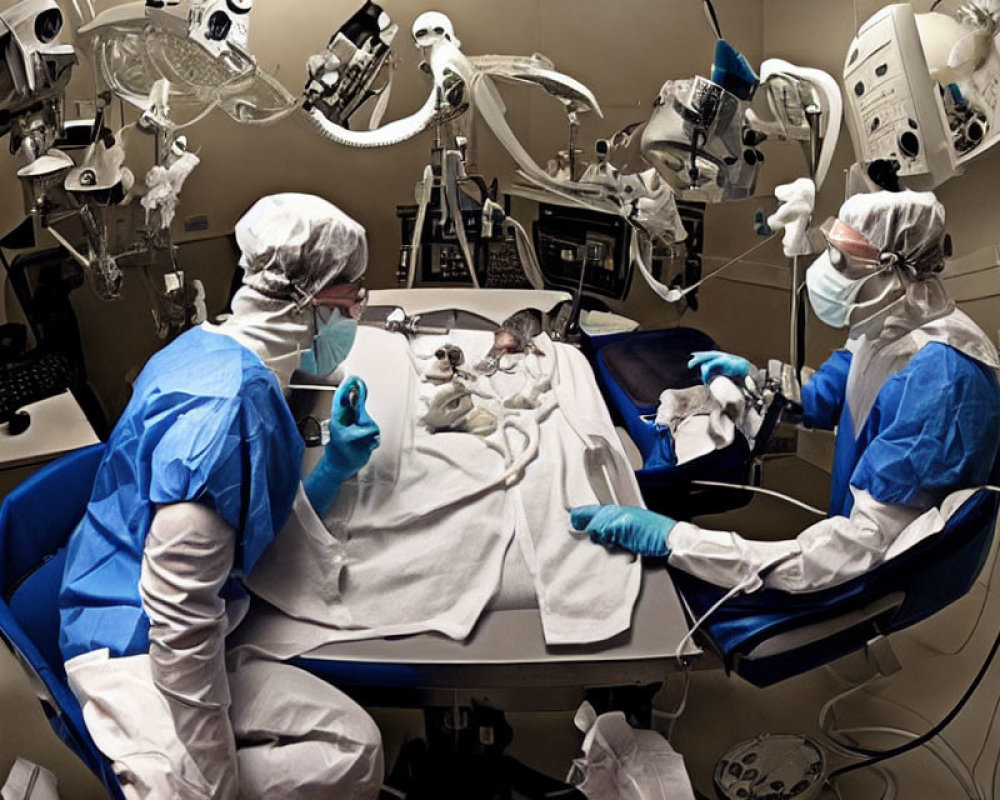 Surgeons in Scrubs and Masks Operating with Robotic Arms