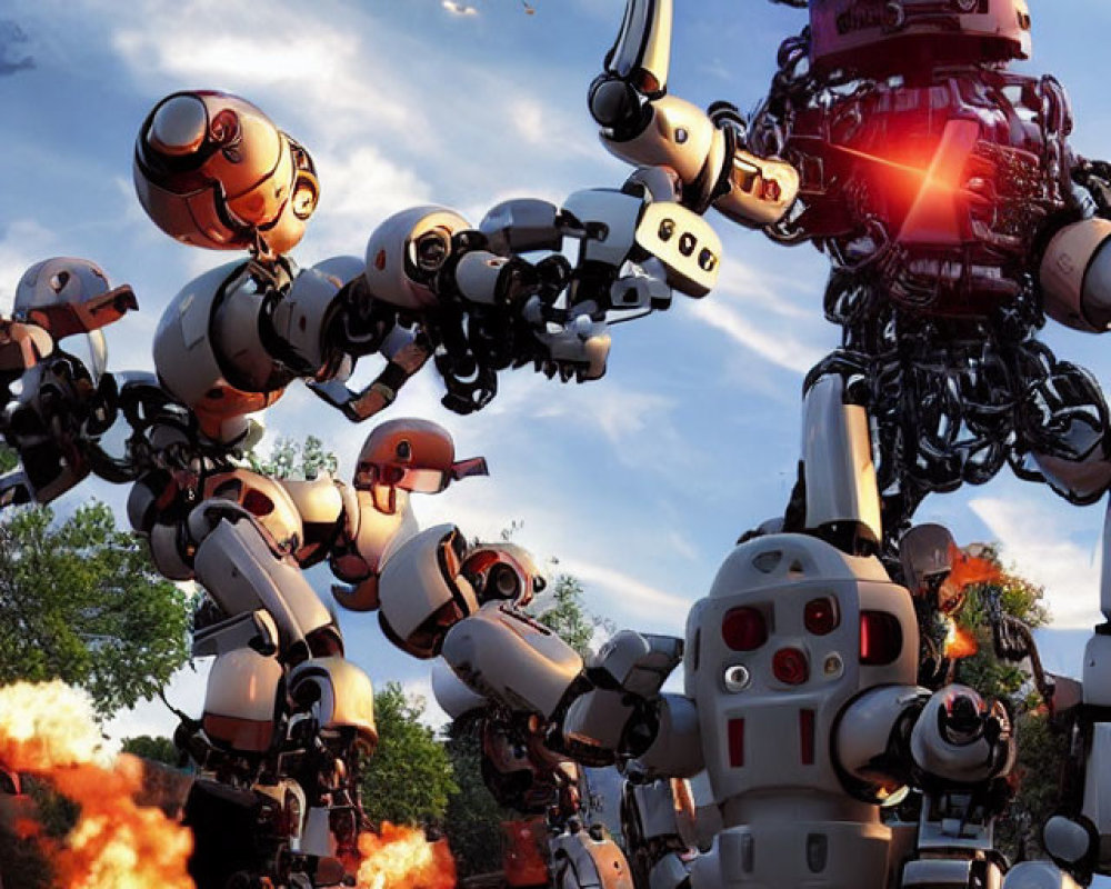 Animated robots in explosive battle under blue sky