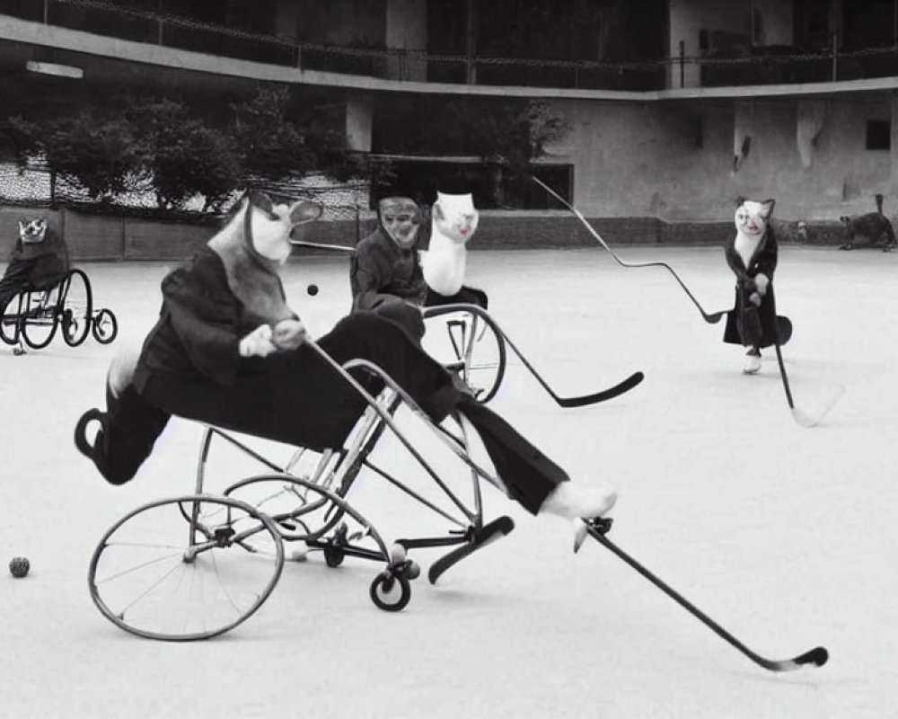 Indoor wheelchair hockey game with four players