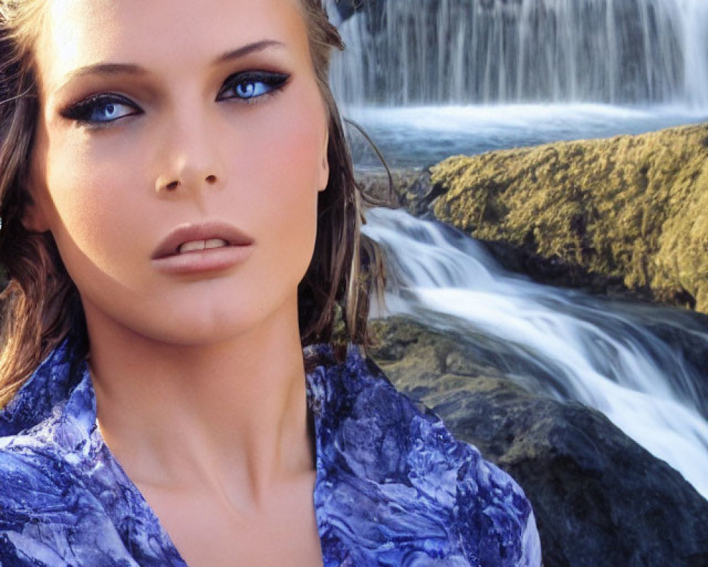 Blonde woman with blue eyes in blue top at waterfall