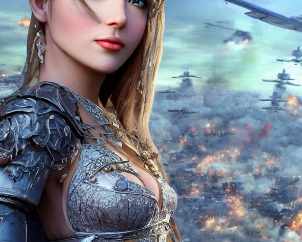 Fantasy female warrior with blue eyes in silver armor on burning battlefield