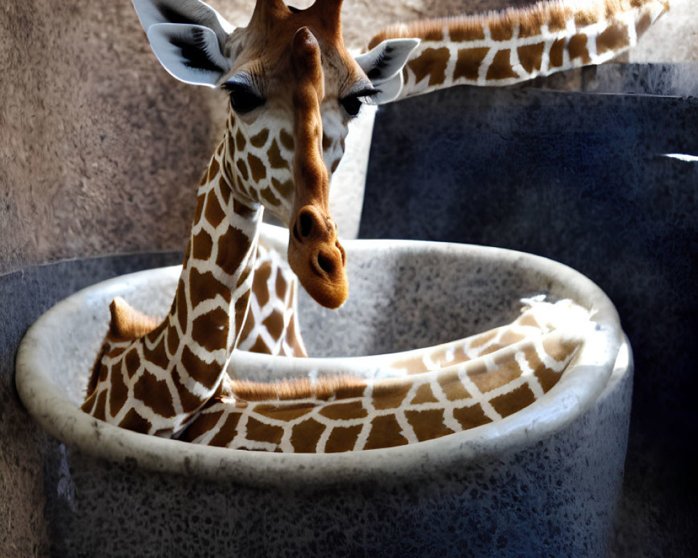 Giraffe peering over stone wall in sunlight with shadows