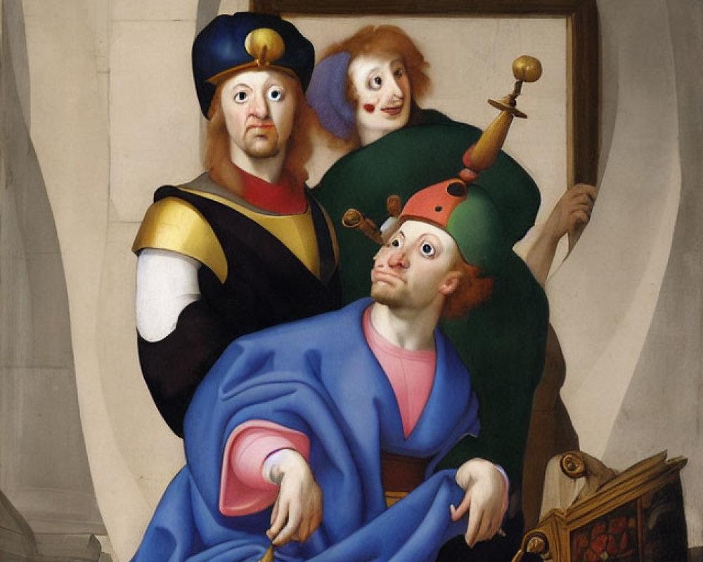 Renaissance-style painting featuring three jesters with surprised expressions