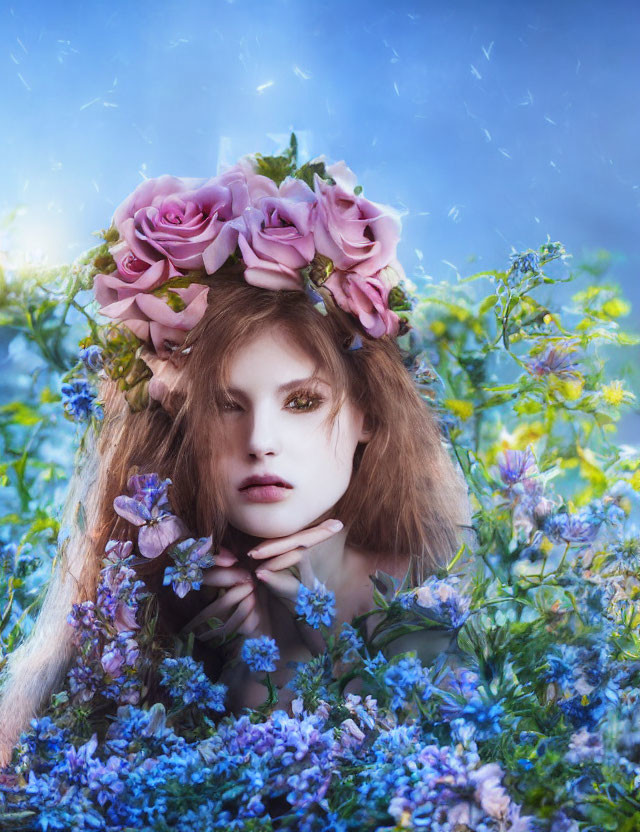 Woman with Pink Rose Crown Surrounded by Blue Flowers