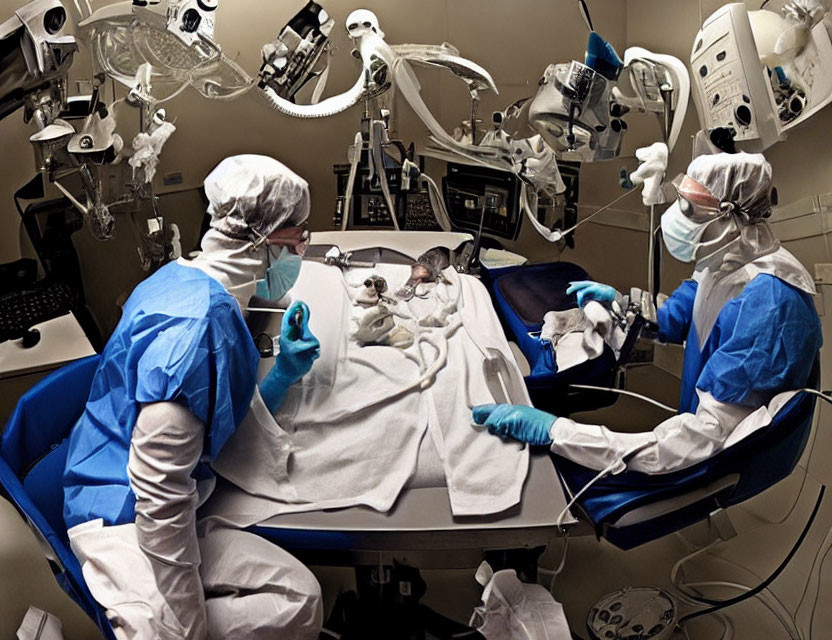 Surgeons in Scrubs and Masks Operating with Robotic Arms