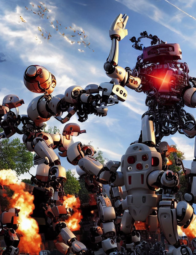 Animated robots in explosive battle under blue sky