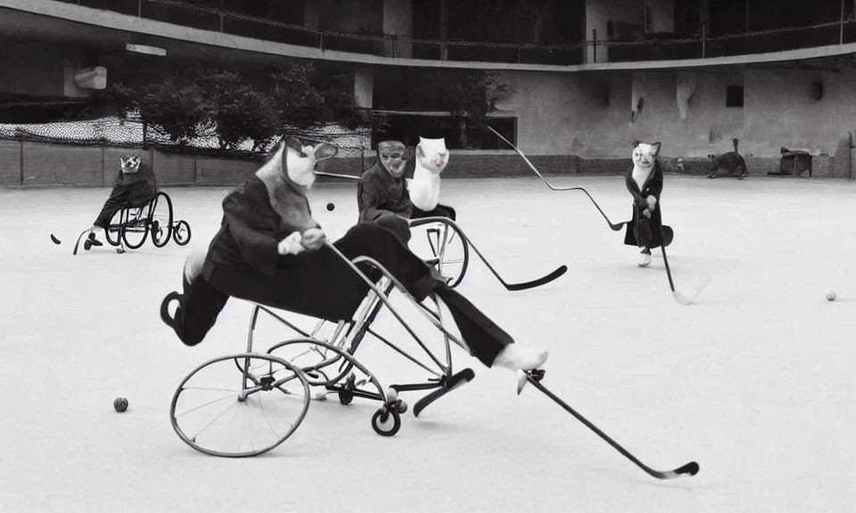 Indoor wheelchair hockey game with four players