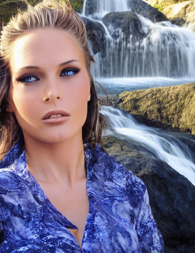 Blonde woman with blue eyes in blue top at waterfall