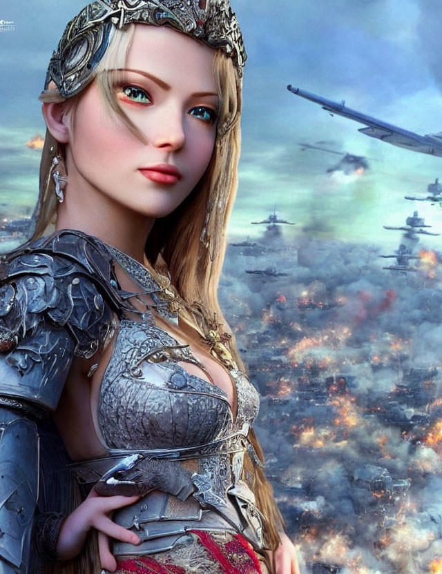 Fantasy female warrior with blue eyes in silver armor on burning battlefield